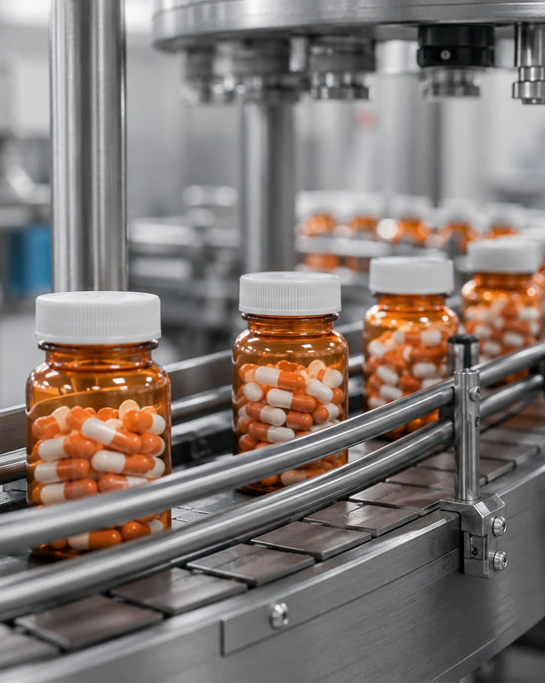 Bottles of capsules moving along a Pharco packaging line
