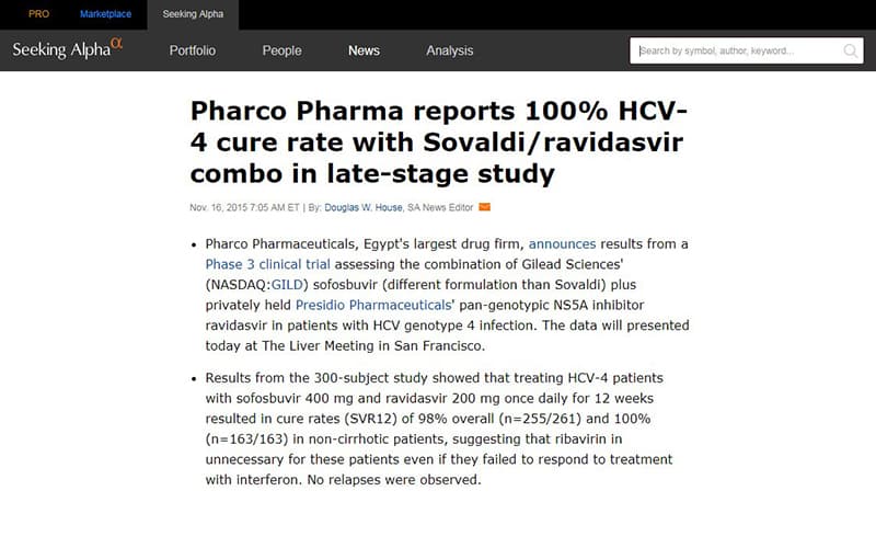 Pharco Pharma reports 100% HCV-4 cure rate with Sovaldi/ravidasvir combo in late-stage study